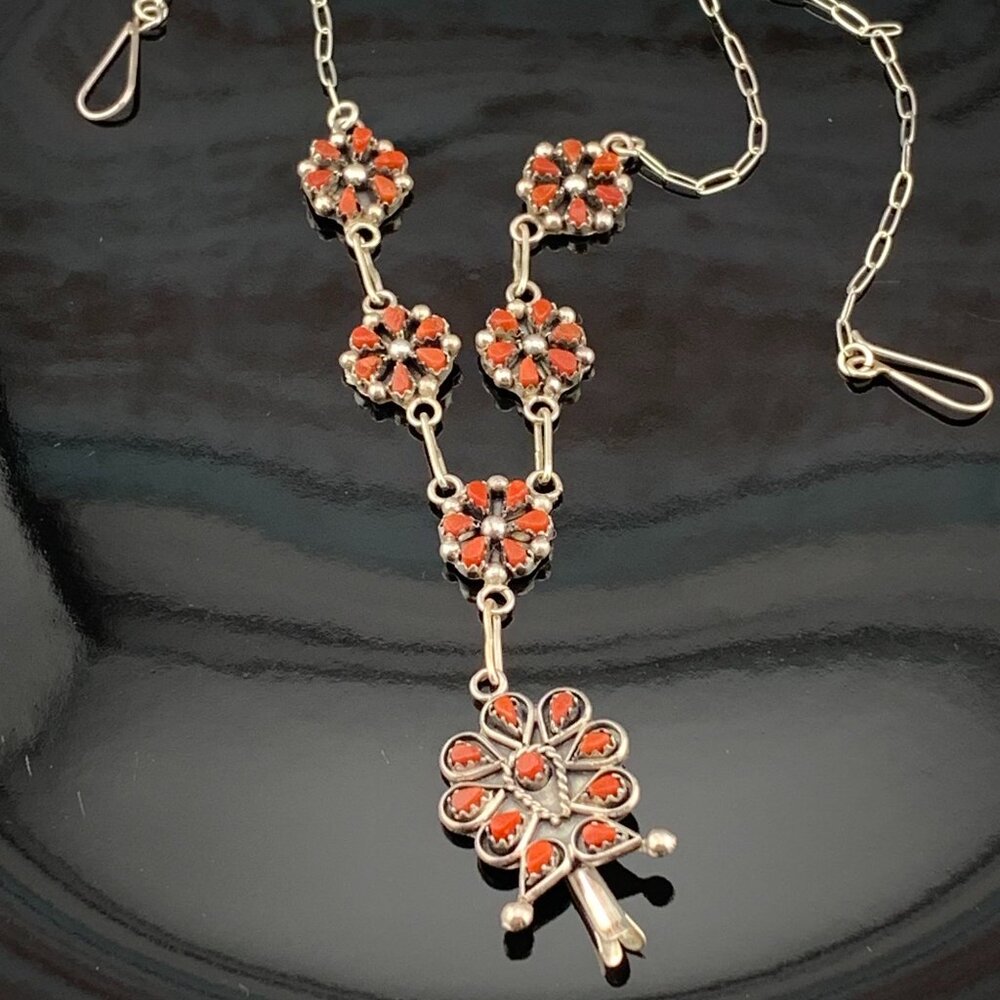 Red Coral Sterling Silver Petit Point Squash Blossom Y-Necklace Zuni J1412